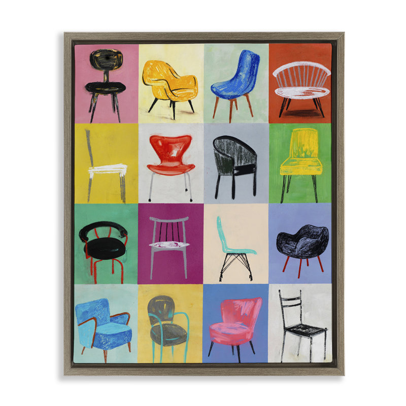 «Bright Modern Chairs», art mural encadré sur toile flottante par Lorenzo Collective, Cadre flottant orme Montalcino
