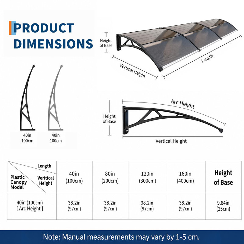 Auvent de porte en polycarbonate 40 x 120 pouces, abri de pluie pour patio avec support, auvent d'entrée résistant aux intempéries pour balcon de porche