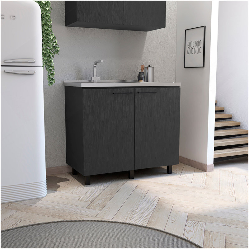 Évier utilitaire 2 avec armoire Napoles, comptoir en acier inoxydable, tablette intérieure noire, Noir