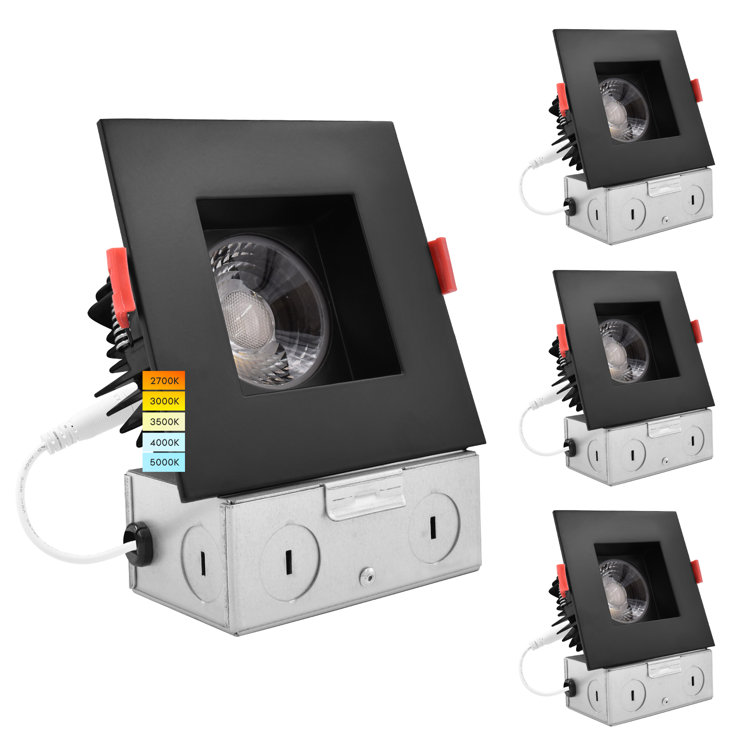 Luxrite 4" Square LED Recessed Lighting, J-Box, 15W, 5 Colour Selectable 2700K-5000K, Dimmable, Wet Rated,  Black Trim 4 Pack