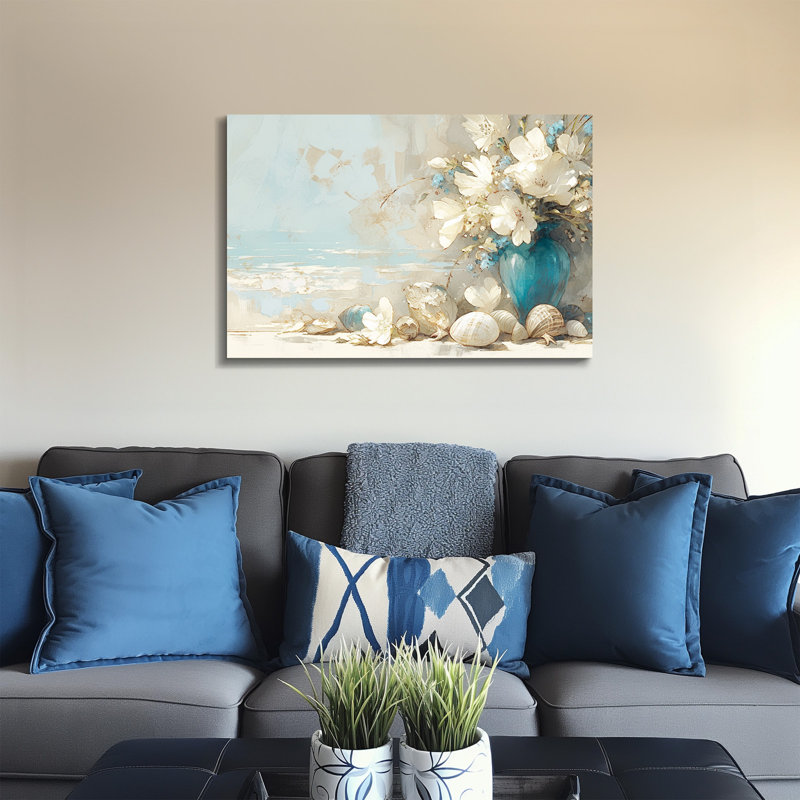 Vase turquoise sur toile tendue avec coquillages, 20" H x 30" W