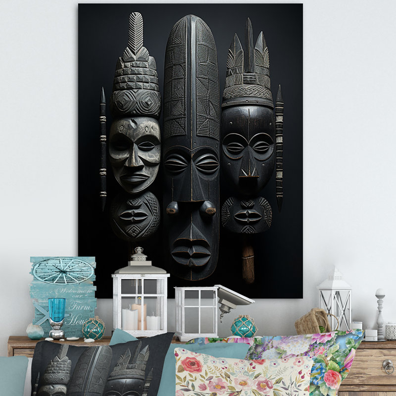 Masque africain sur toile Laesha, H 32 po x l 16 po x P 1 po, Toile tendue