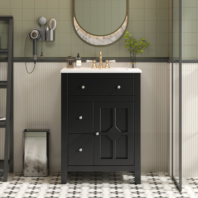 Meuble-lavabo moderne 24 po avec lavabo en céramique, Noir