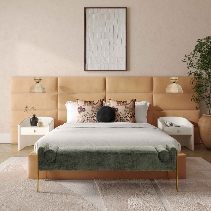 Beige Velvet Upholstered Queen Bed with Adjustable Headboard