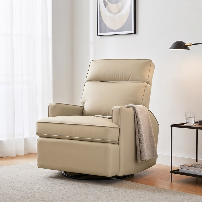 29.9" W Compact Top Grain Leather Power Swivel Rocker Recliner with USB-A and USB-C Charging, Beige