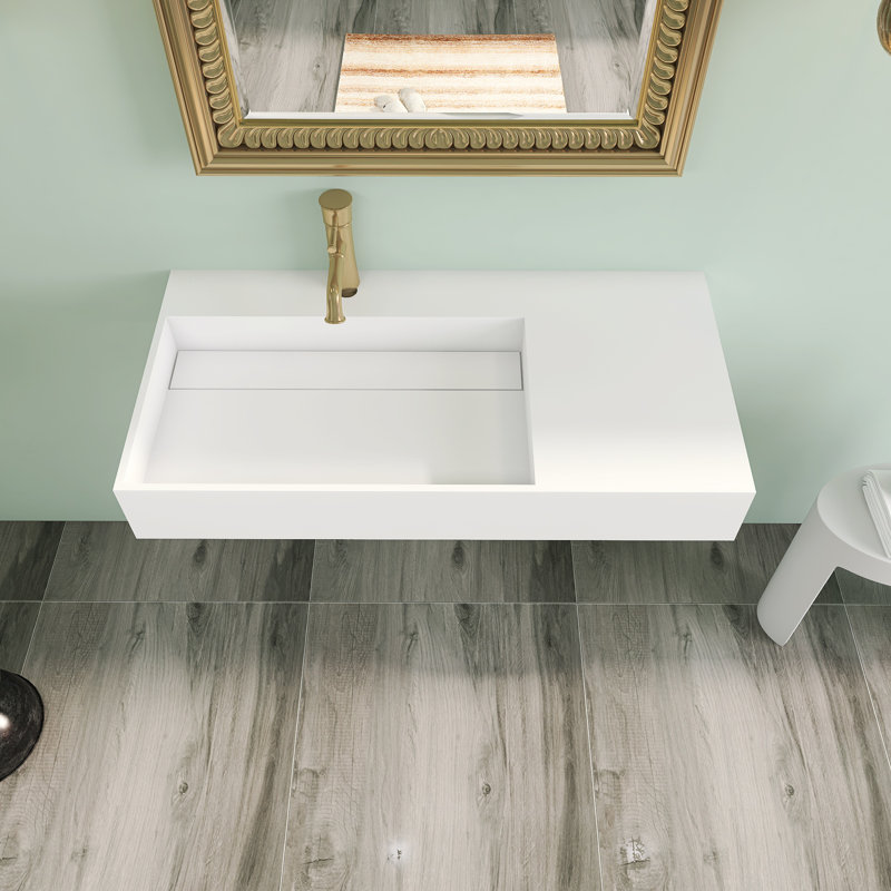  36 po x 18 po Lavabo vasque de salle de bain mural à surface solide avec trou de robinet et couvercle de drain, Right