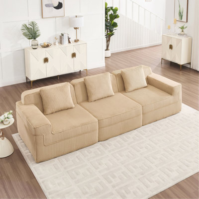 Canapé modulaire sans siège à 3 places, canapé modulaire Cloud avec assise profonde, canapé modulaire moderne à 3 places avec coussins décoratifs en tissu velours côtelé