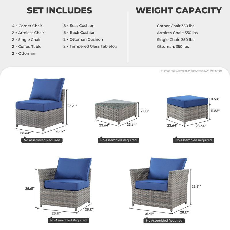 Cassville 8 - Person Patio Furniture Set, Outdoor Wicker Rattan Sectional Seating Group with Cushions, All Weather Sofa Conversation Set with Optional Fire Pit Table for Garden Backyard