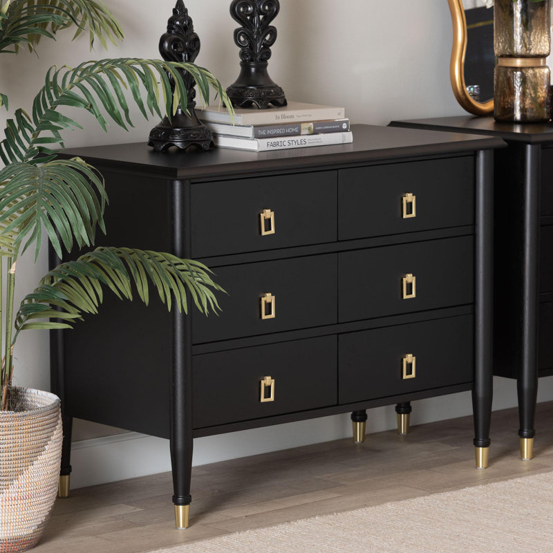 Baxton Studio Tamra Black Wood Chest With Drawers - Bedroom Storage Unit With Metallic Accents, 6-Drawer Modern Transitional Bedroom Storage Solution
