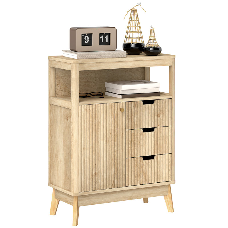 HOMCOM Sideboard Fluted Storage Cabinet Single Door Nature Wood Finish