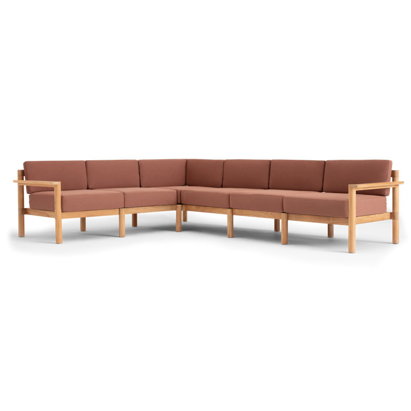 Haven 6-Piece Teak Outdoor Sectional with Sunbrella Cushions and Wooden Armrest in Rust, Sunbrella Rust