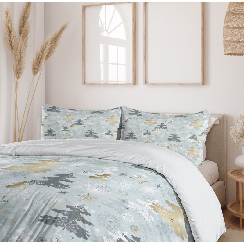 Retro Pine Tree and Snowflake Queen Duvet Cover Set
