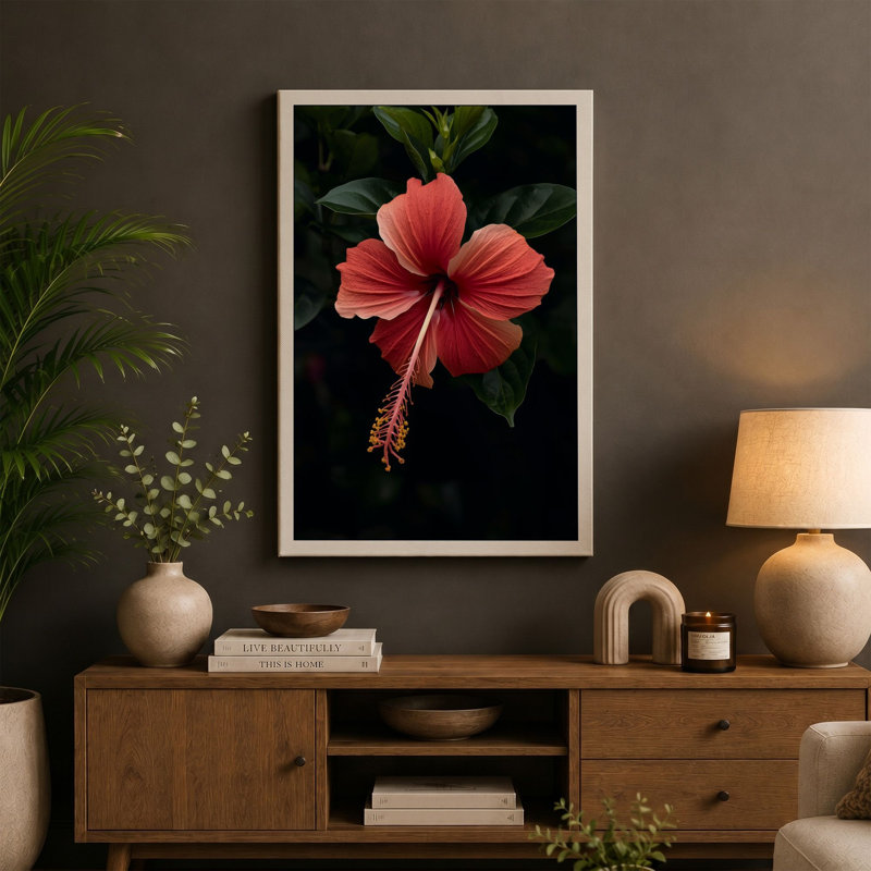 Crimson Hibiscus Botanical - Wrapped Canvas, Cream Border, 30x20 - 76.2 x 50.8 cm