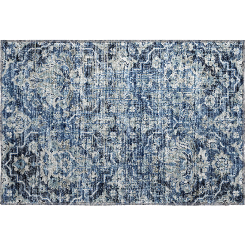 Tapis bleu Premium Alliah AMF94 lavable à la machine, Rectangle 1 pi 8 po x 2 pi 6 po