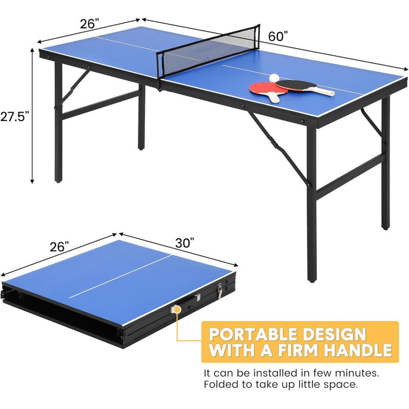 Table de ping-pong portative 60 po, tennis de table intérieur / extérieur avec 2 raquettes et 3 balles, assemblage en 5 minutes