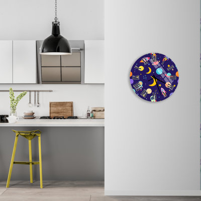 Space Tempered Glass Wall Clock, Planets Stars Rockets Clock, Blue Kids Room Decor, Nursery Clock, Modern Clock, Unique Wall Art