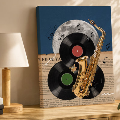 Canvas Create A Vibrant Collage Featuring A Variety Of Musical Elements Wall Art Include Two Shiny Black Vinyl Records Positioned Canvas Wall Art