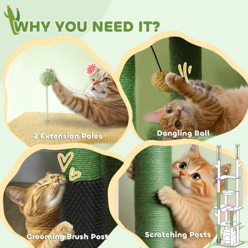 Green Floor-to-Ceiling Cat Tree 89"-100", Climbing Tower with Grooming Post, Condo & Hammock