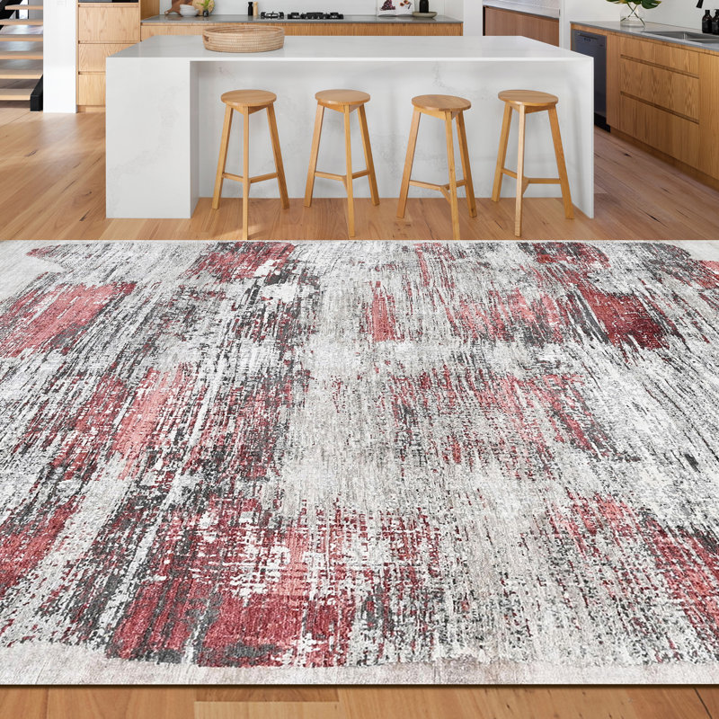 Hand Knotted Abstract Area Rug in Gray/Black/Red, Rectangle 8' x 10'