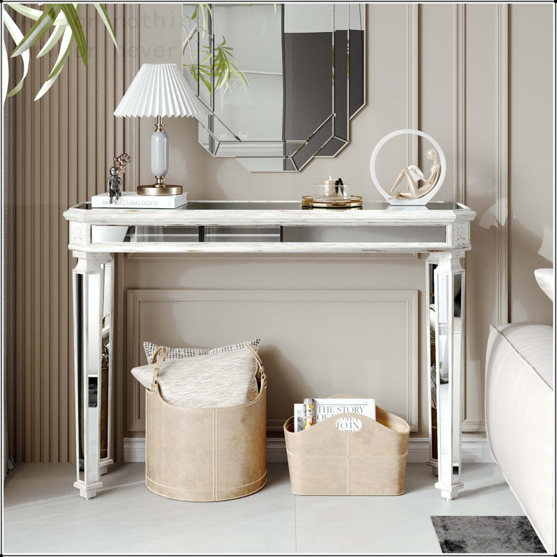 Mirror Console Table with Vintage Wood Carving, Oak