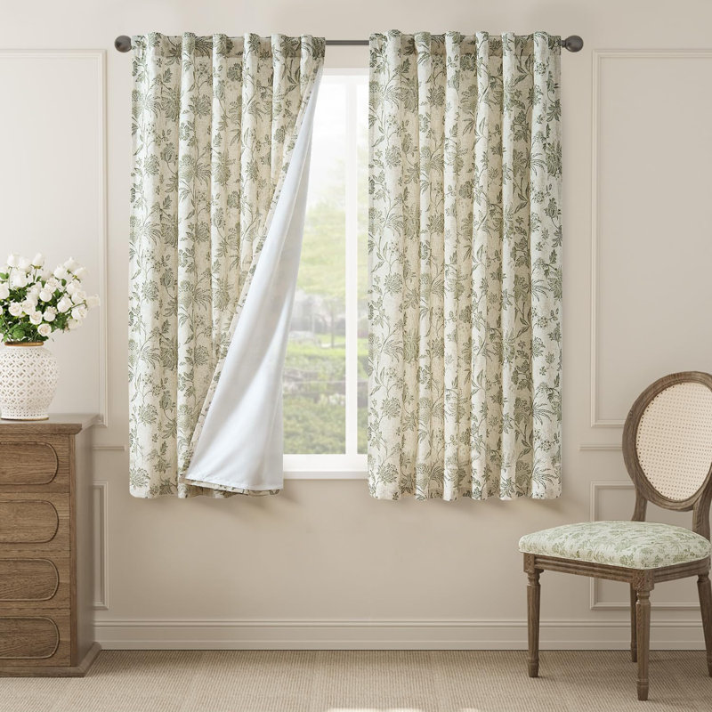 Linen Blend Semi Sheer Pod Pocket Floral Patterned French Country Curtains, 50" W x 63" L, Green