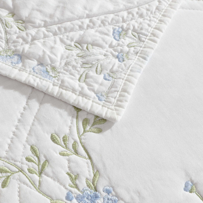Laura Ashley Floral Embroidery Cotton Reversible Quilt Set, Blue Floral, Queen Quilt + 2 Standard Shams
