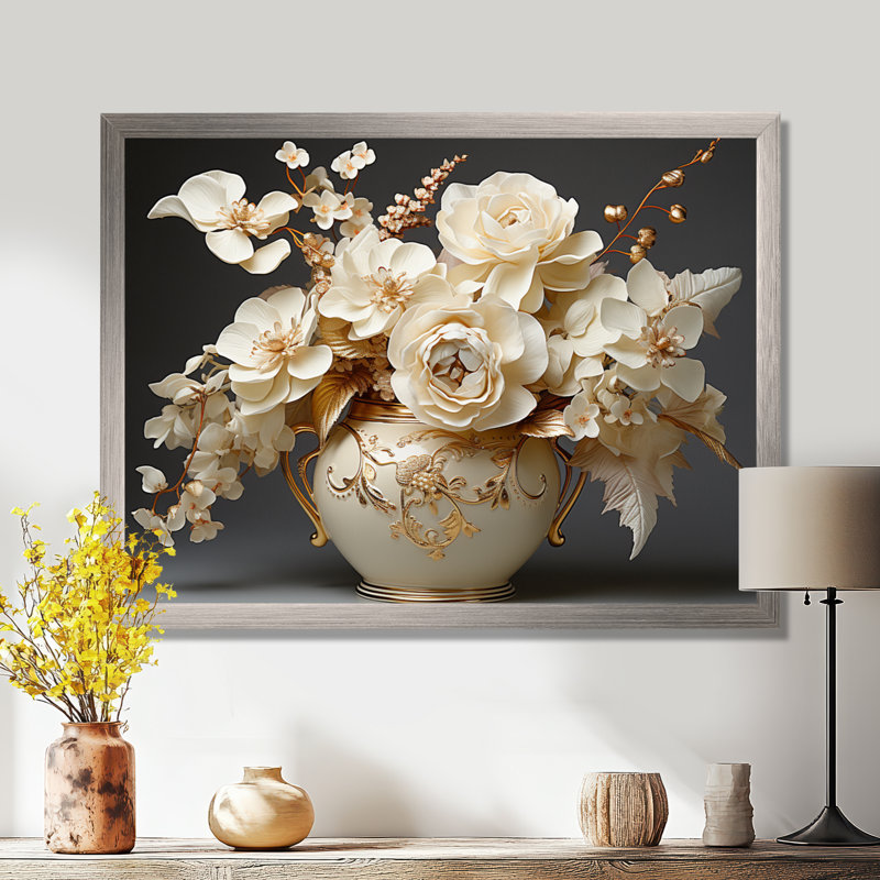 Impression sur toile Baroque Hydrangea blanc et or VII - Hydrangea, H 16 po x l 32 po x P 1 po, Cadre simple argenté