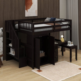 Lit mezzanine double avec escalier, tiroirs, bureau et garde-robe