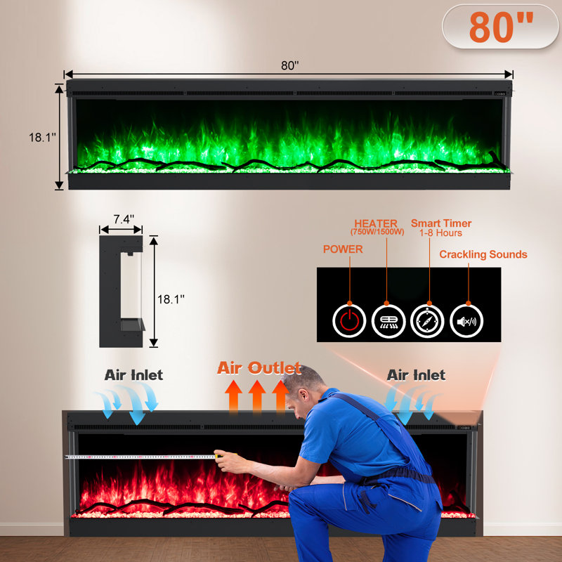 Othoson 3 Sided Electric Fireplace, Remote Control Fireplace, Realistic RGB LED, 18" H x 80" W x  7" D
