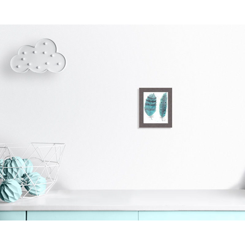 «Feathers in Turquoise II», art encadré, H 12 po x l 10 po x P 0,6 po, Encadrement fil du bois gris