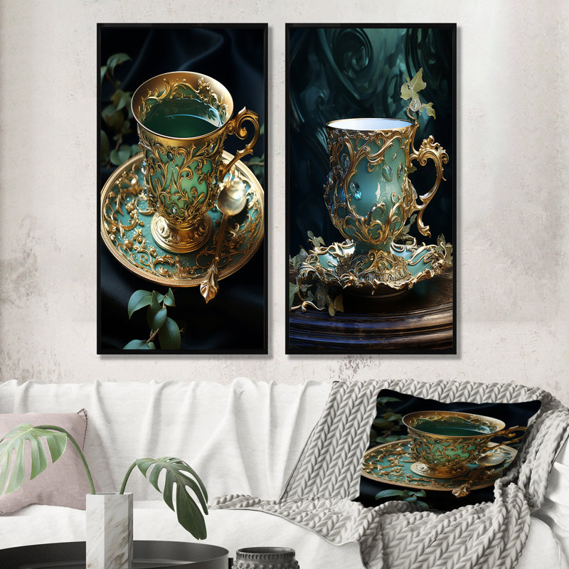 Élégance sophistiquée thé Élégance - ensemble de 2 impressions murales de verres, H 40 po x l 41 po, Cadre noir