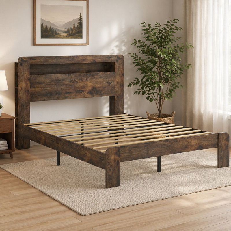 Cadre de lit très grand, cadre de lit plateforme en bois avec tête de lit lumineuse avec rangement et 2 ports USB