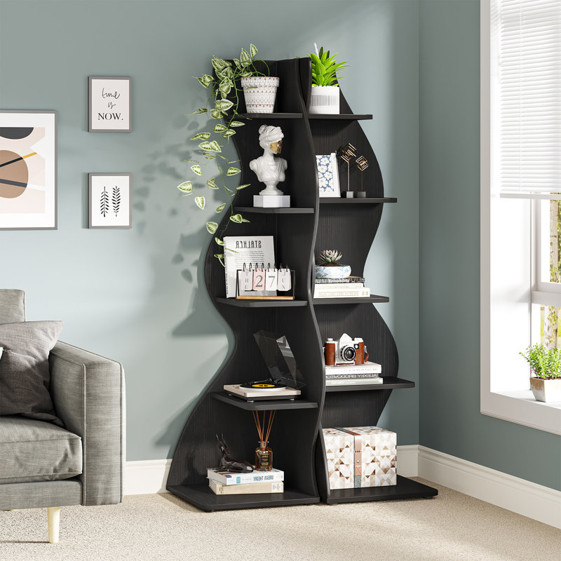 5-Tier Corner Shelf Bookshelf Bookcase For Living Room, Black, 2