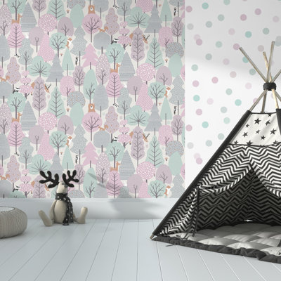 Papier peint forêt enchantée rose