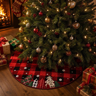 Jupe d'arbre de Noël ronde imprimée, tapis de sapin festif en tissu classique pour décorations de Noël à la maison