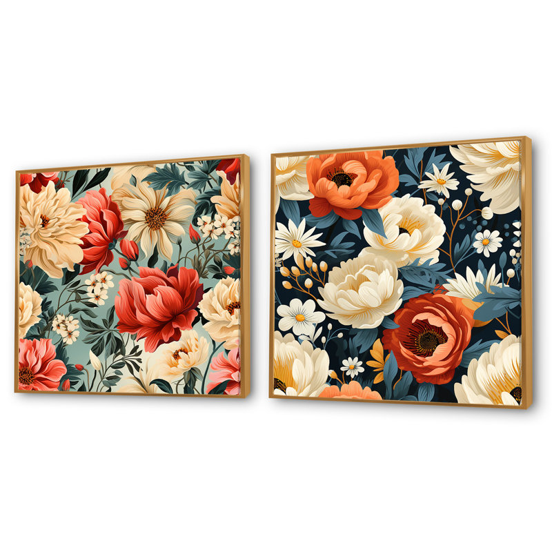 Ensemble de 2 fleurs rétro nostalgie beige et corail, Cadre flottant doré, H 30 po x l 61 po