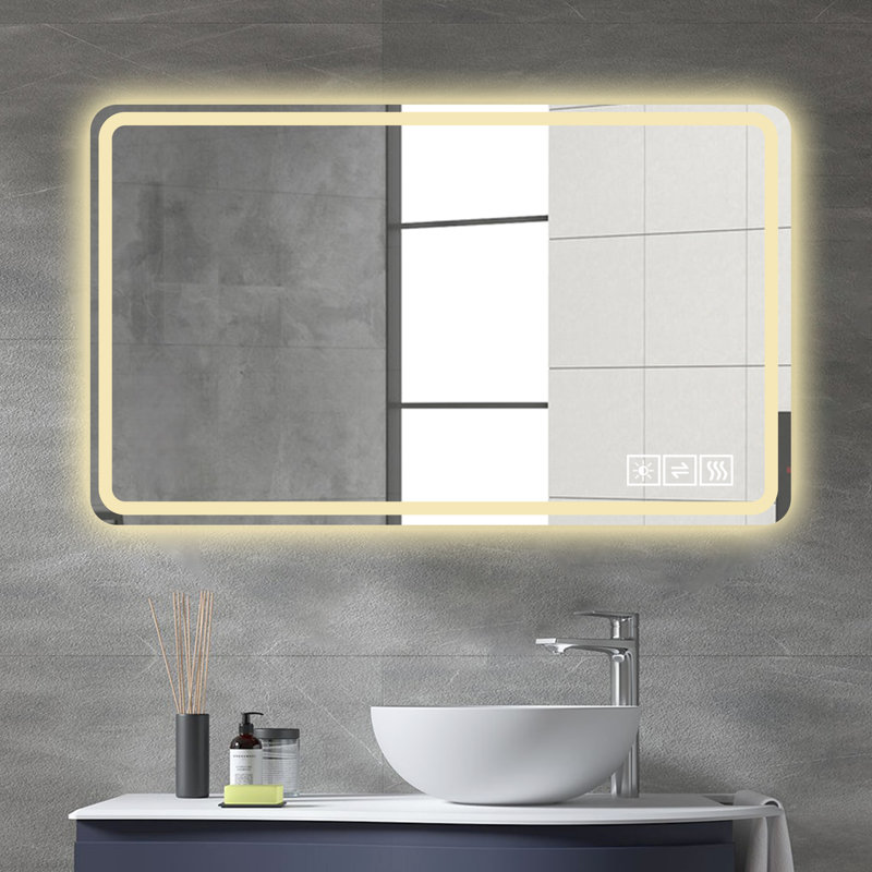 Miroir de salle de bain 24 x 40 pouces à DEL avec lumières avant, fixation murale, - brouillard, miroir argenté cuivré de 5 mm, intensité variable à trois couleurs, fonction de désembuage, changement de maquillage, luminosité réglable