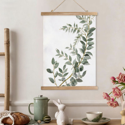 Green Leaf Branch, Hanging Scroll Wall Art, Built-In Wooden Hanger, 16 X 24