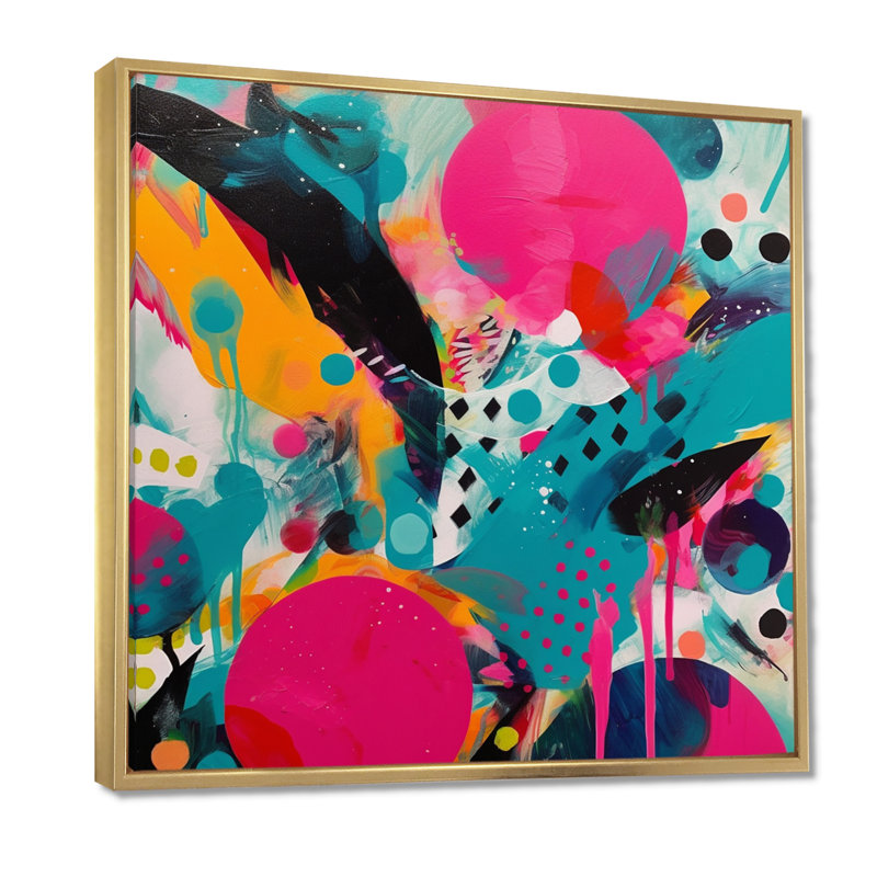 Art abstrait sur toile rose et turquoise abstraite I, 44" H x 44" W, Cadre flottant doré