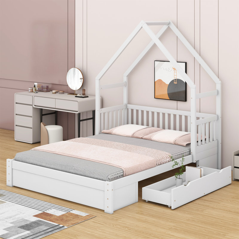 Lit plateforme avec garde-corps et tiroirs Wood House, Blanc