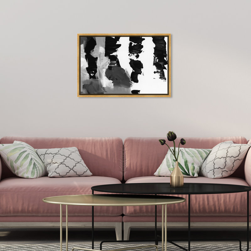 «Pronto Black and White», peinture sur toile, H 36 po x l 54 po, Cadre flottant doré