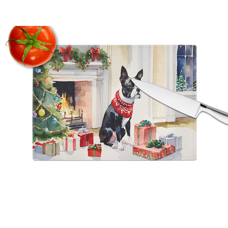 Grande planche à découper en verre Boston Terrier Cozy Christmas