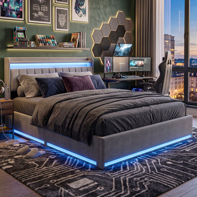 EU & UK Size Velvet Ottoman Bed with RGB LED Lights, Upholstered Smart Storage Bed Frame with Storage Headboard, USB & Type-C Charging, Grey & Beige, 90/135/140/150/160 x 190/200cm