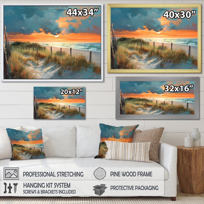 Pathway To Beach Sunset sur toile, Cadre simple argenté, H 30 po x l 40 po x P 1,5 po