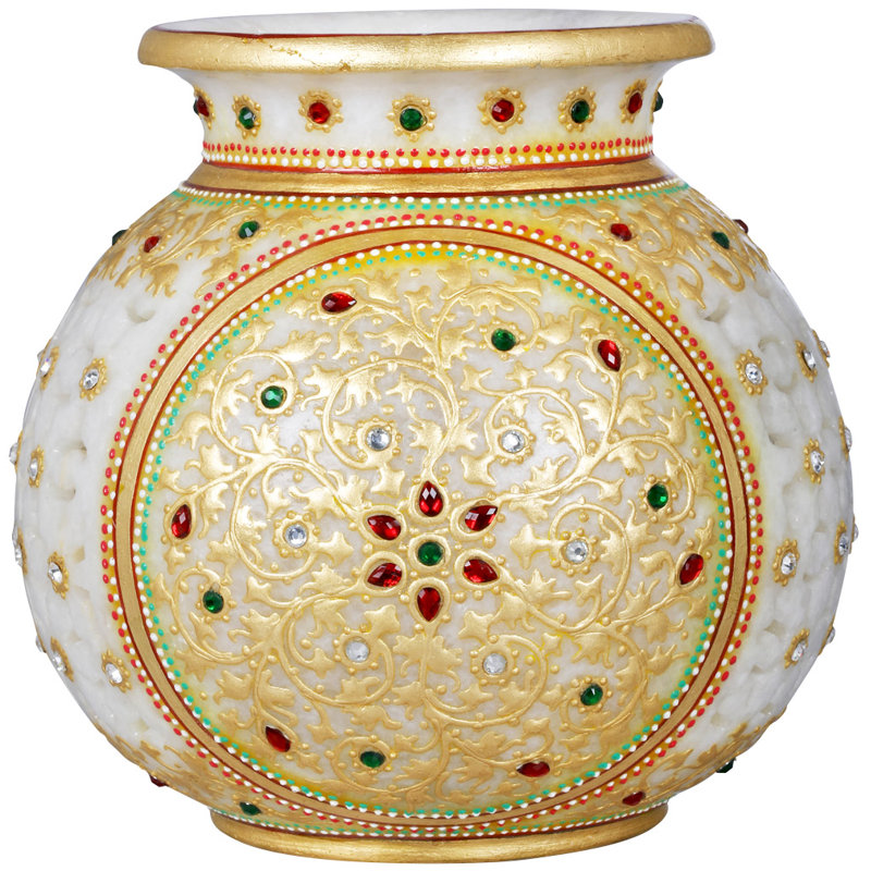 Support à thé 6 po en marbre blanc - Vase en pierre fabriqué à la main avec découpes florales et accents dorés