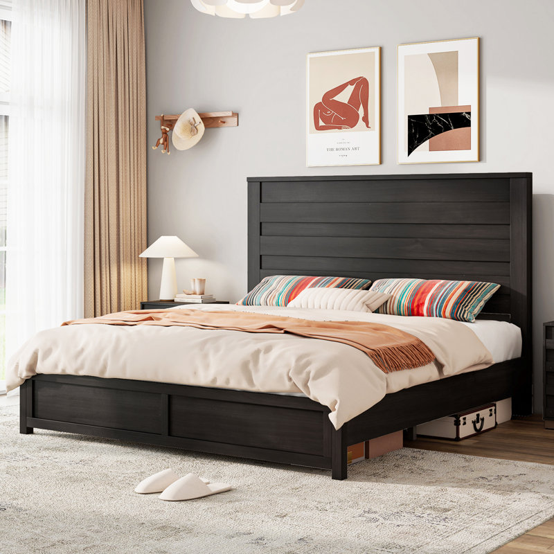 Full Black Metal Frame Bed with Wood Headboard and Slats