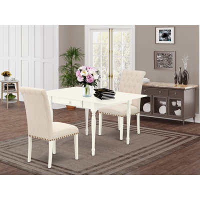 Ensemble de salle à manger 3 pièces comprenant une table rectangulaire à abattant et 2 chaises rembourrées en lin beige clair, lin blanc