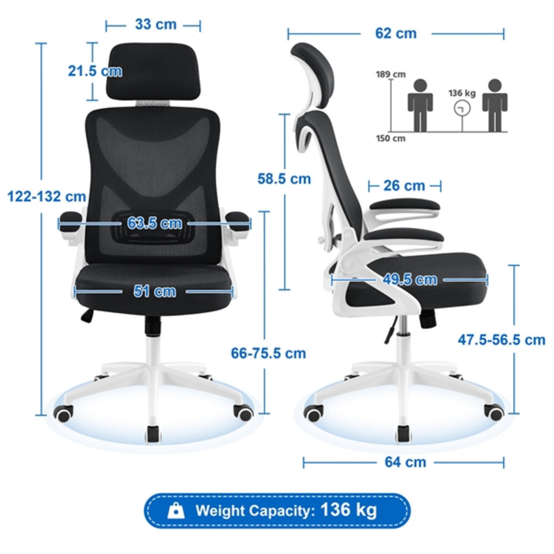 High Back Mesh Swivel Ergonomic Task Office Chair with Flip-Up Arms, Black, White/Black