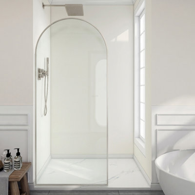 Ember Series 78 In. X 34 In. Framed Arch Fixed Shower Screen Door In Brushed Nickel With 8Mm Tempered Clear Glass