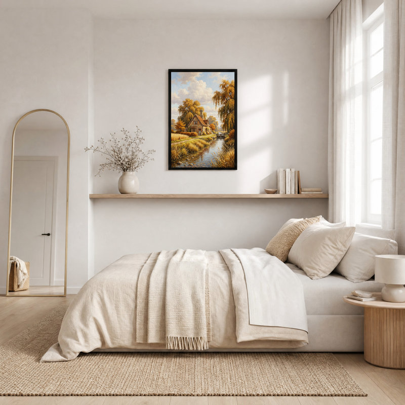 Art en pierre sur pierre avec saules dorés et ruisseau, H 24 po x l 16 po